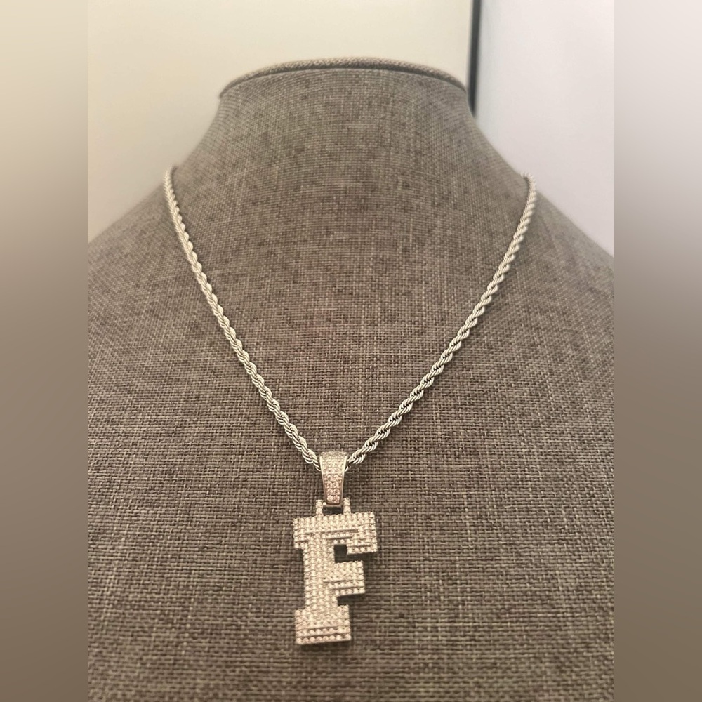 Initial Letter F Name Personalized Pendant Necklace Rhinestone iced Pendant Rope